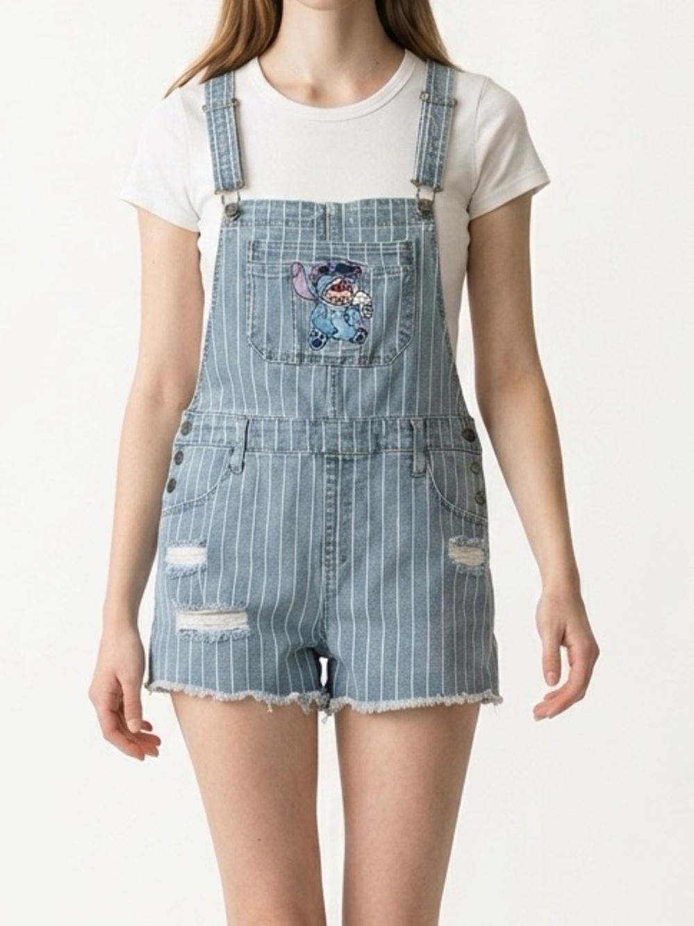 Disney Stitch Womens Small Cutoff Denim Overalls Blue Stripe Distressed Pockets‎